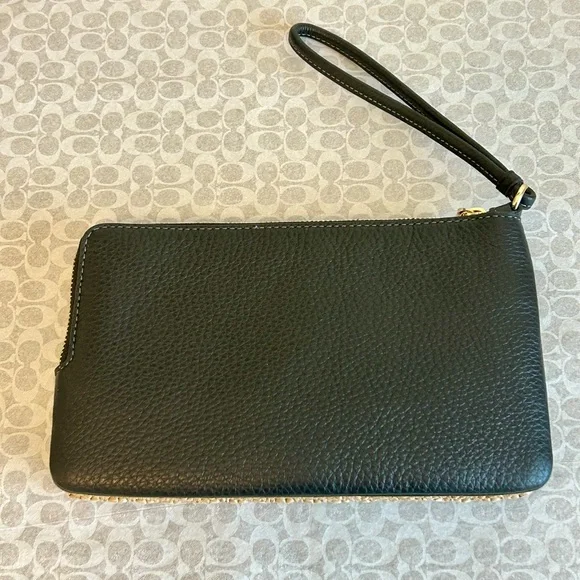 NWT COACH DOUBLE ZIP LARGE WALLET WRISTLET STRAW CAP26 LEATHER TOAST/BLACK - Picture 9 of 12